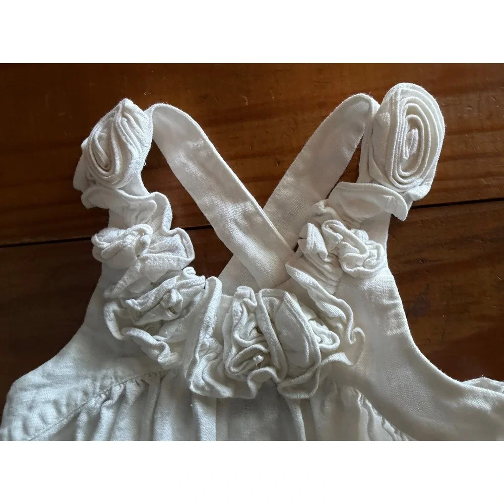 Kellys Kids 4-5 White Linen‎ Blend Ruffle Rosette Sun Dress Girls